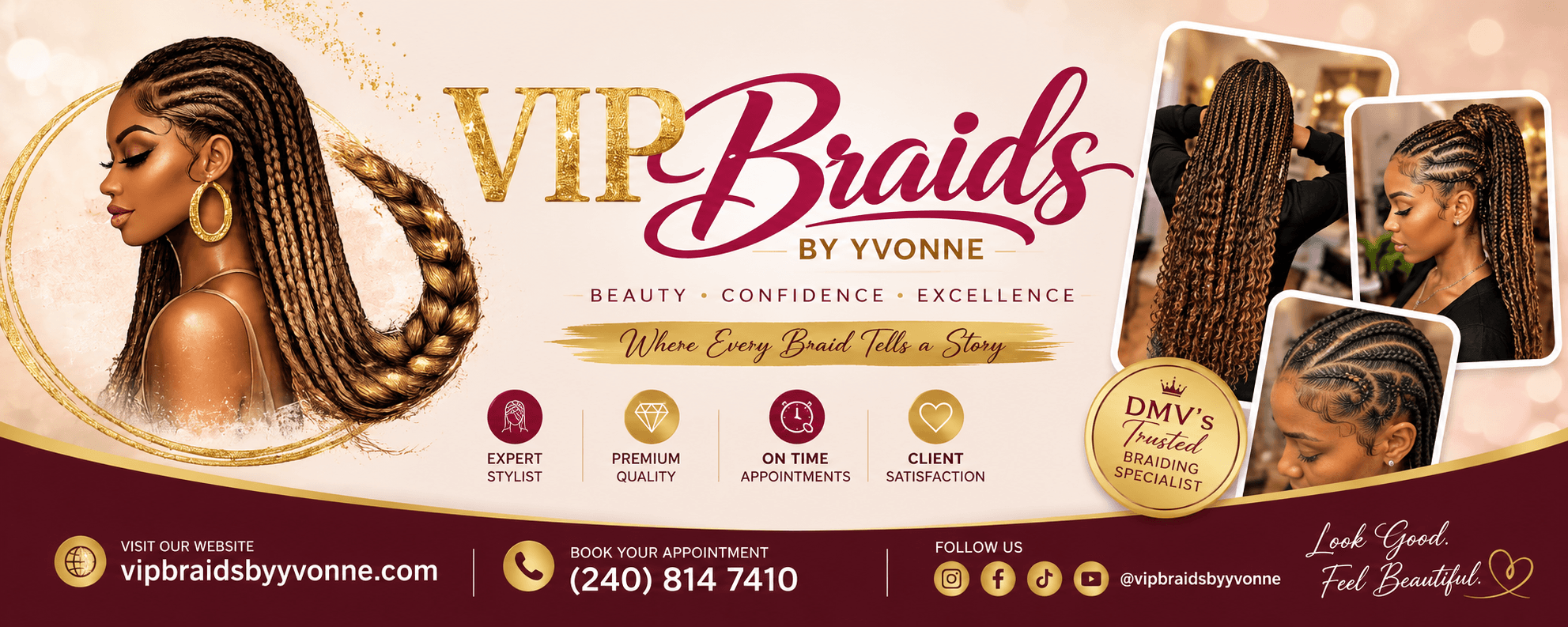 VIP Braids By Yvonne — Contact Poster with braiding photos